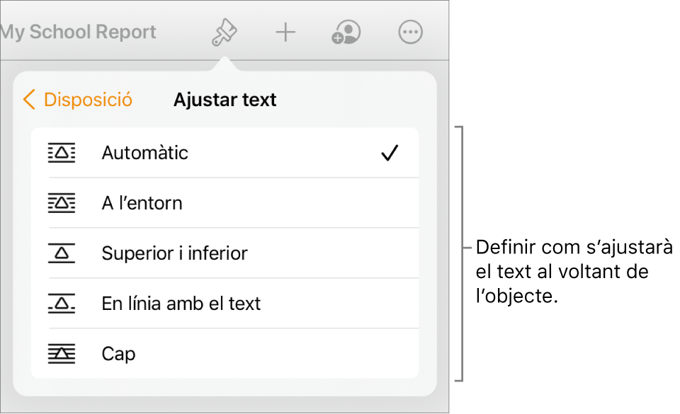 Els controls de format amb la pestanya Organitzar seleccionada. A sota hi ha els controls de l’opció “Ajustar text”, amb “Moure enrere/davant”, “Moure amb el text” i “Ajustar text”.