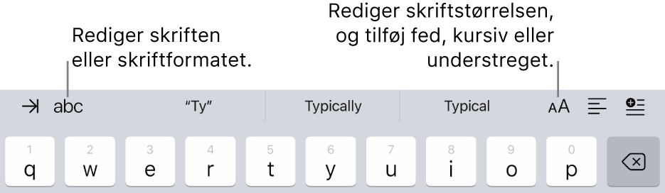 Knapperne til formatering af tekst over tastaturet med indrykning til venstre og derefter skrift, tre felter til forventet tekst, skriftstørrelse, justering og indsæt.