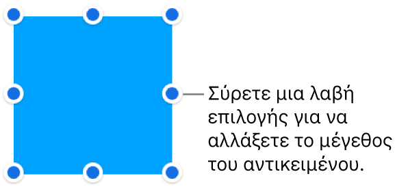 Ένα αντικείμενο με μπλε κουκκίδες στο περίγραμμά του για την αλλαγή του μεγέθους του αντικειμένου.