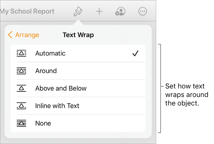 The Format controls with the Arrange tab selected. Below it are Text Wrap controls with Move to Back/Front, Move with Text and Text Wrap.