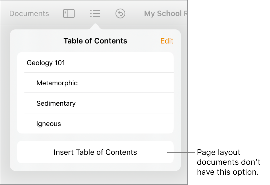 The table of contents view with Edit in the top-right corner, TOC entries, and the Insert Table of Contents button at the bottom.