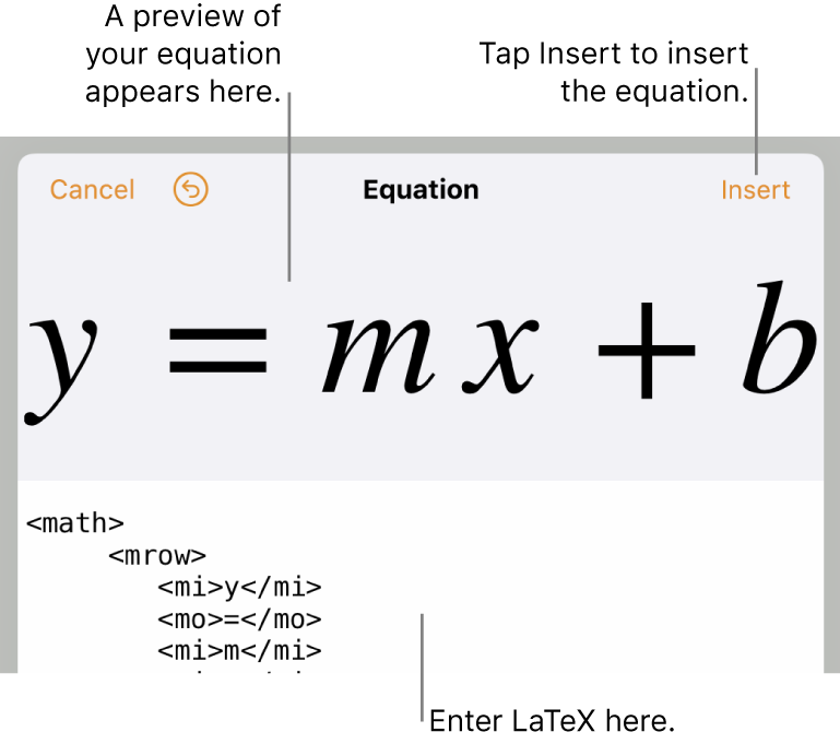 The quadratic formula written using LaTeX in the Equation field, and a preview of the formula below.