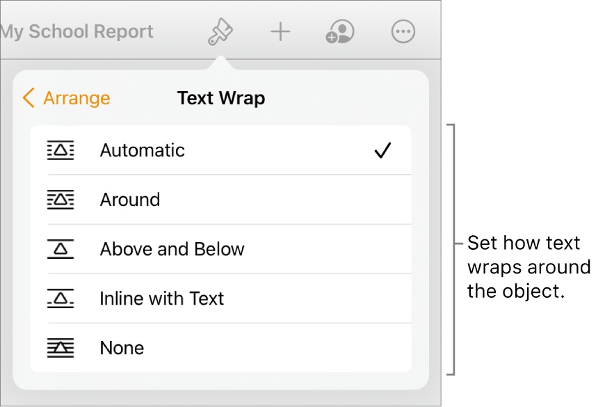 The Format controls with the Arrange tab selected. Below it are Text Wrap controls with Move to Back/Front, Move with Text, and Text Wrap.