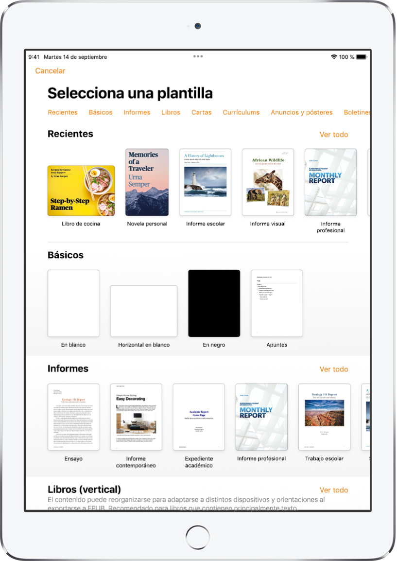 El selector de plantilla, mostrando una fila de categorías a lo largo de la parte superior en la que puedes tocar para filtrar las opciones. Debajo aparecen miniaturas de plantillas prediseñadas organizadas en filas por categorías, empezando por Recientes en la parte superior y seguida por Básicas e Informes. Por encima y a la derecha de cada fila de categoría aparece un botón “Ver todo”. El botón “Idioma y región” se encuentra en la esquina superior derecha.