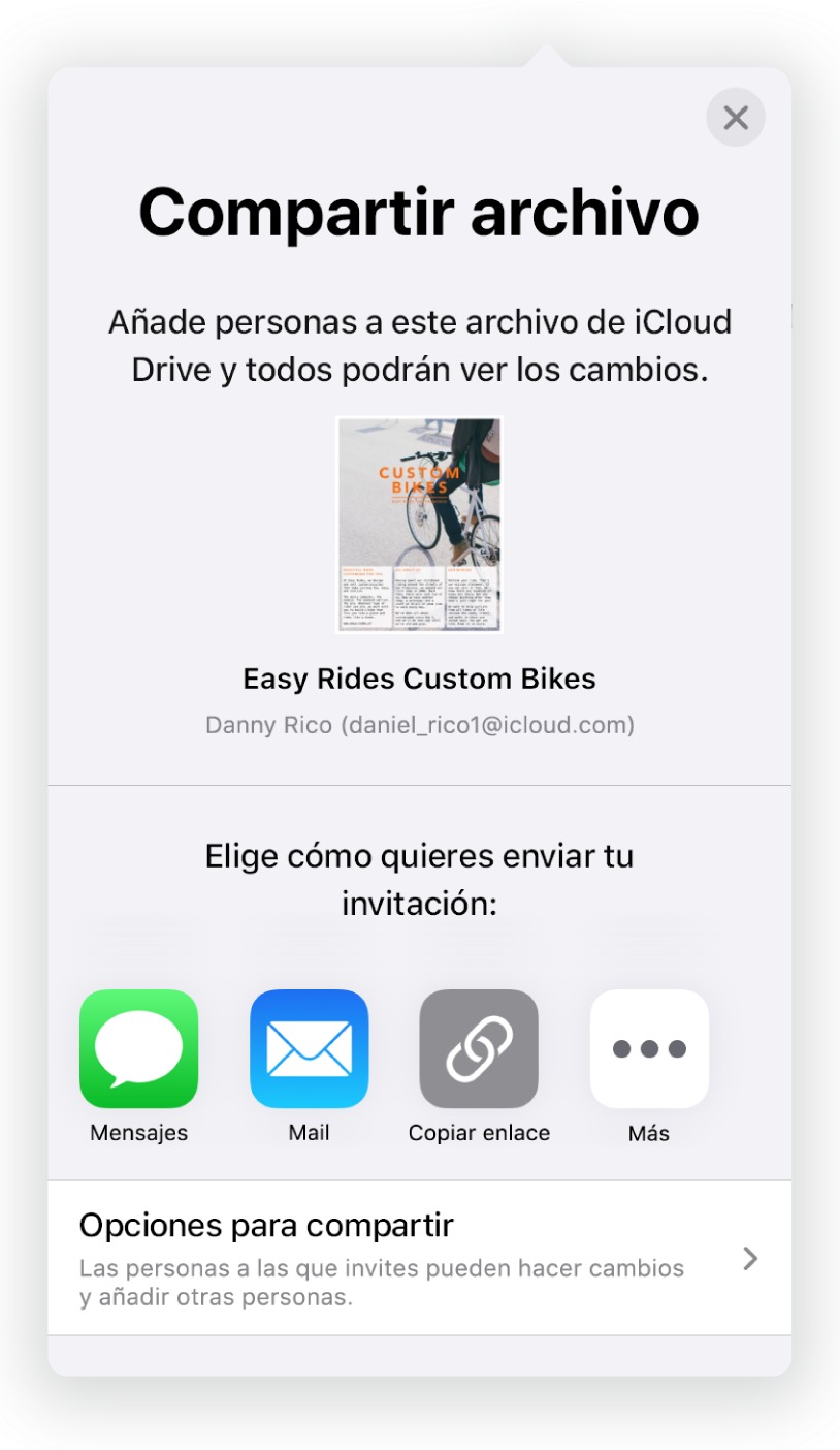 La pantalla “Añadir personas” mostrando una imagen del documento que se va a compartir. Debajo aparecen botones de las maneras de enviar la invitación, incluido Mail, un botón “Copiar enlace” y otros. En la parte inferior está el botón “Opciones para compartir”.