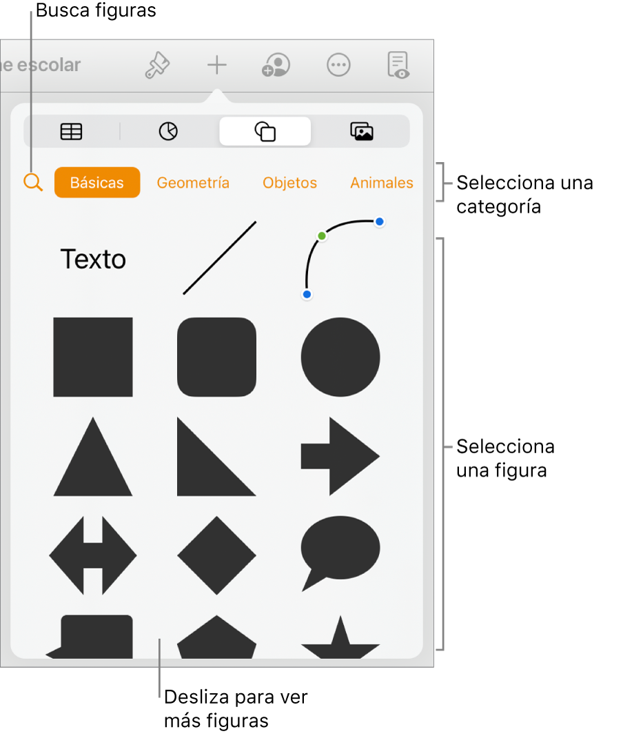 La biblioteca de figuras, con las categorías en la parte superior y las figuras mostradas abajo. Puede usar el botón de búsqueda de la parte superior para buscar figuras o deslizar para ver más.