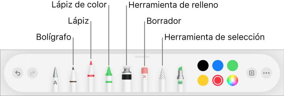 La barra de herramientas de dibujo con un bolígrafo, lápiz, lápiz de color, relleno, borrador, herramienta de selección y paleta de colores, que muestra el color actual.