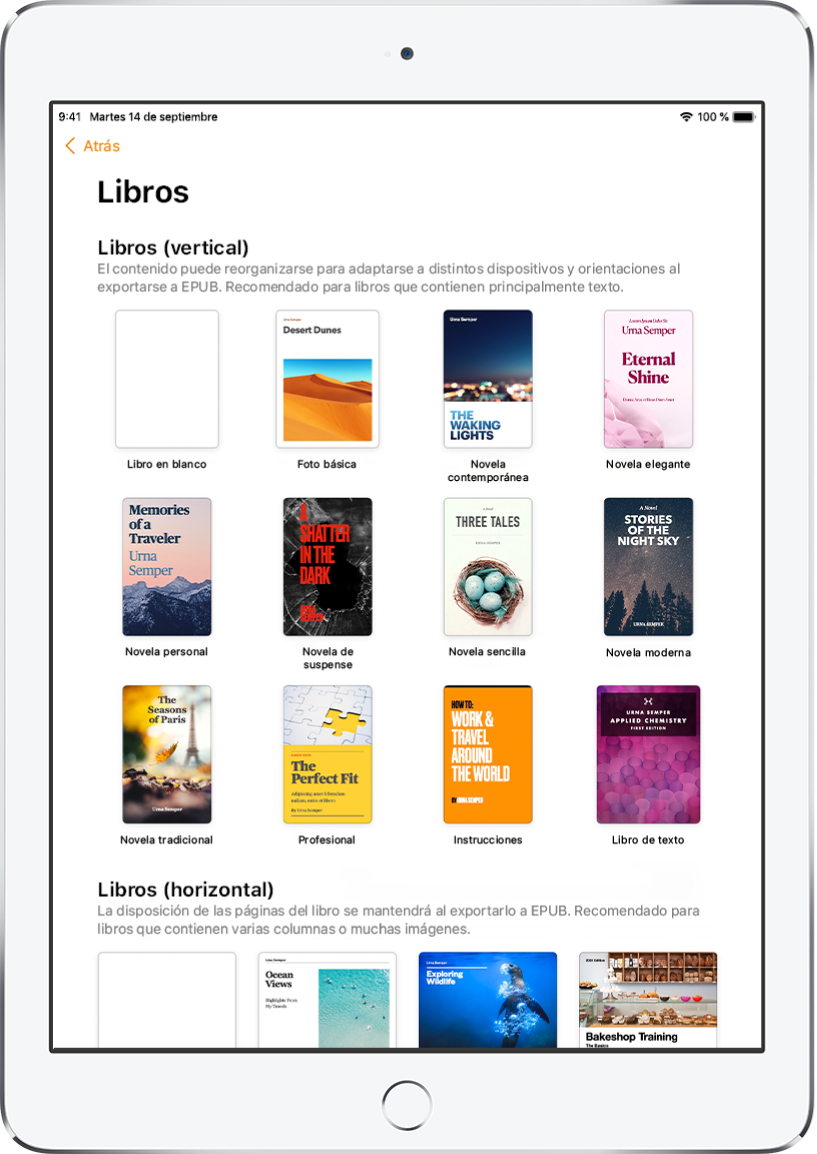 El selector de plantilla con plantillas de libro con orientación vertical en la parte superior y orientación horizontal abajo.