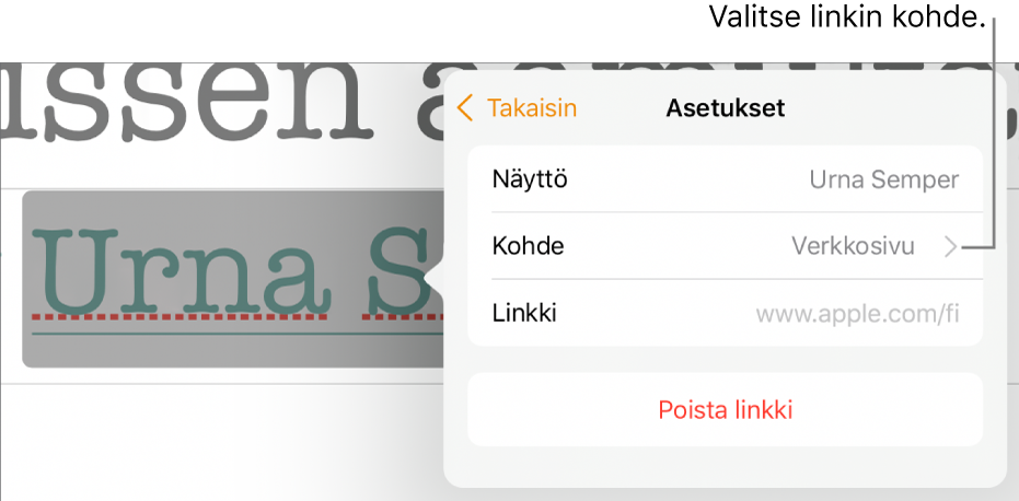 Linkkiasetukset-säätimet, joissa on Näytä-kenttä, Linkitys (asetettuna Verkkosivu) ja Linkki-kenttä. Poista linkki -painike on säätimien alaosassa.