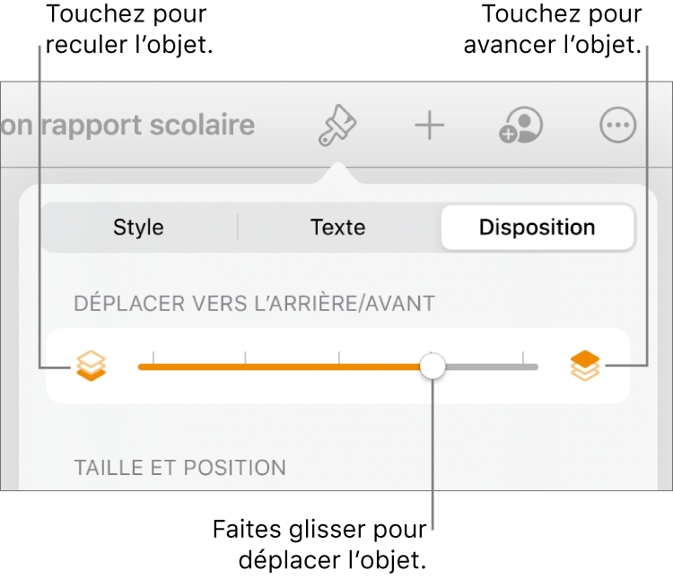 Le bouton de déplacement vers l’arrière, le bouton de déplacement vers l’avant et le curseur de superposition.