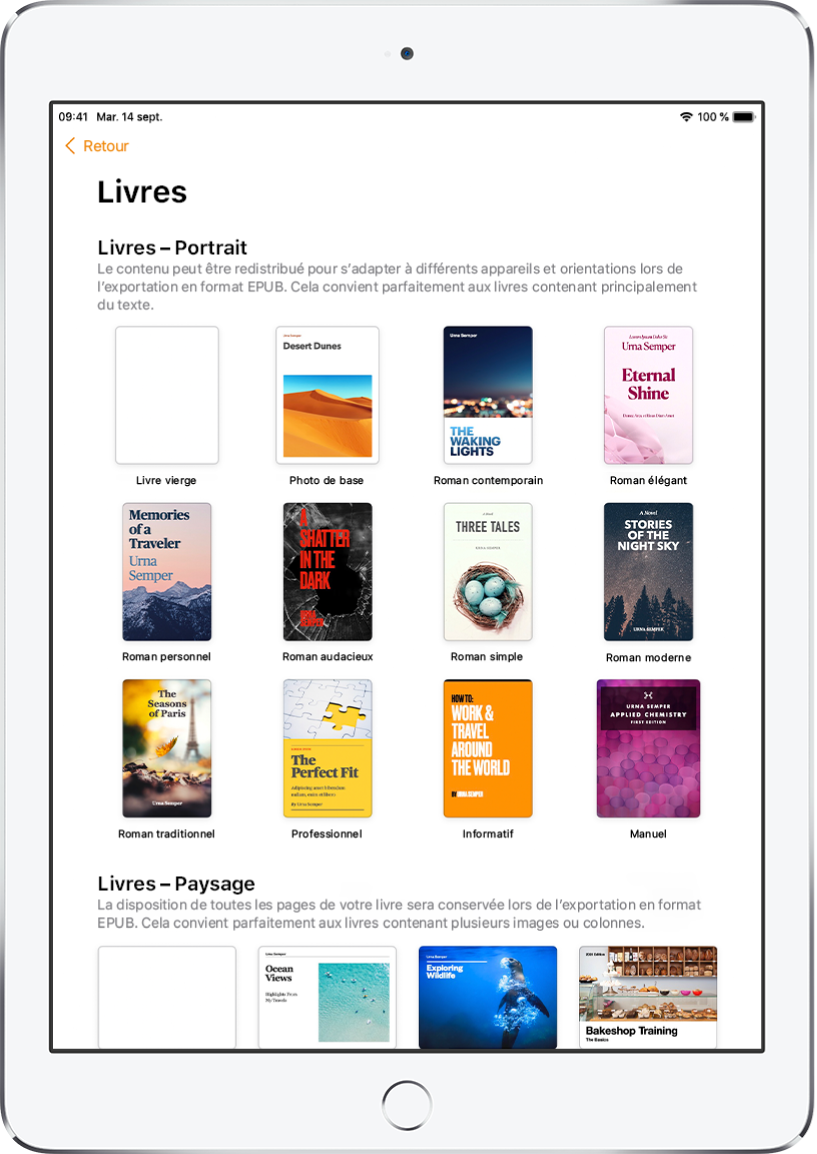 Le sélecteur de modèles avec modèles de livre en orientation Portrait au-dessus et en orientation Paysage en dessous.