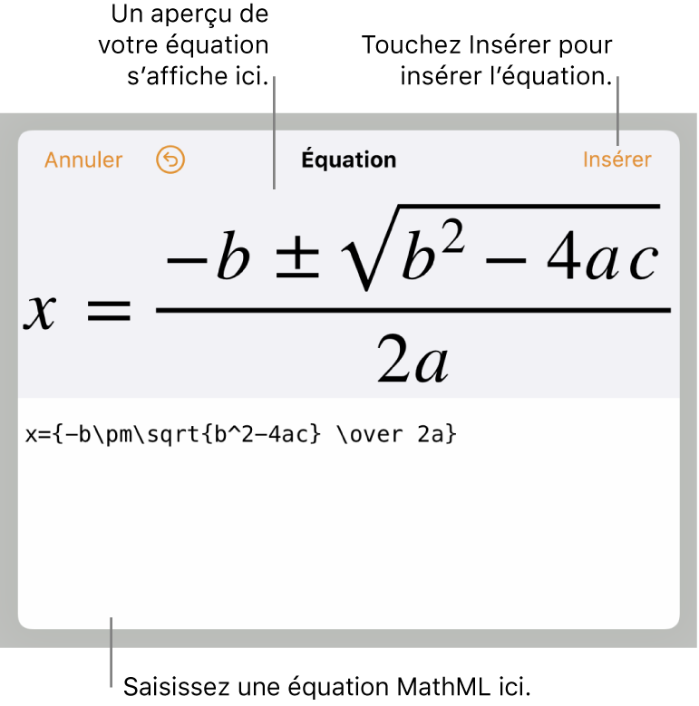 Code MathML de l’équation de la pente d’une droite et aperçu de la formule en haut.