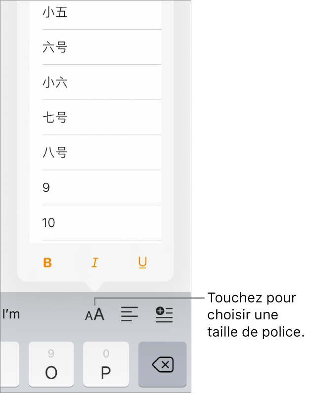 Bouton de taille de police sur le côté droit du clavier iPad avec le menu relatif aux tailles de police ouvert. Les tailles de police standard établies par le gouvernement de la Chine continentale apparaissent en haut du menu local, et les tailles des points s’affichent en dessous.