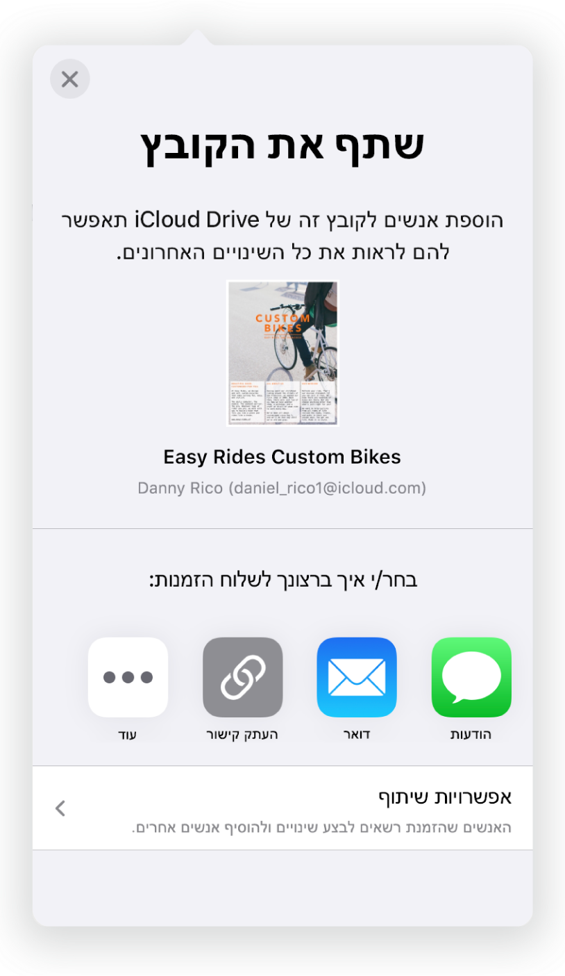 מסך ״הוסף אנשים״ מציג תמונה של המסמך שישותף. מתחת לתמונה, מופיעים כפתורים לשליחת ההזמנה, כולל באמצעות ״דואר״, העתקת קישור ואפשרויות נוספות. בתחתית המסך מופיע הכפתור ״אפשרויות שיתוף״.