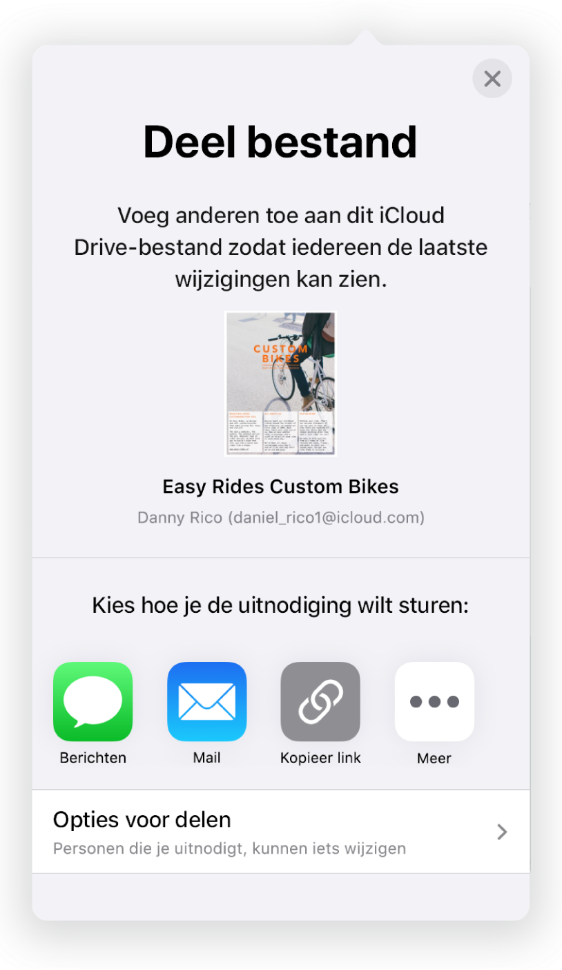 Het scherm 'Voeg personen toe' met daarin een afbeelding van het document dat wordt gedeeld. Eronder staan knoppen voor de manieren waarop de uitnodiging kan worden verstuurd, waaronder Mail en 'Kopieer link'. Onder in het scherm staat de knop 'Opties voor delen'.