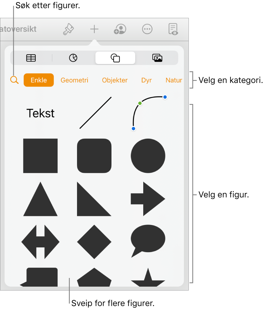 Figurbiblioteket, som viser kategorier øverst og figurer nedenfor. Du kan bruke søkeknappen øverst til å finne figurer, og du kan sveipe for å se mer.