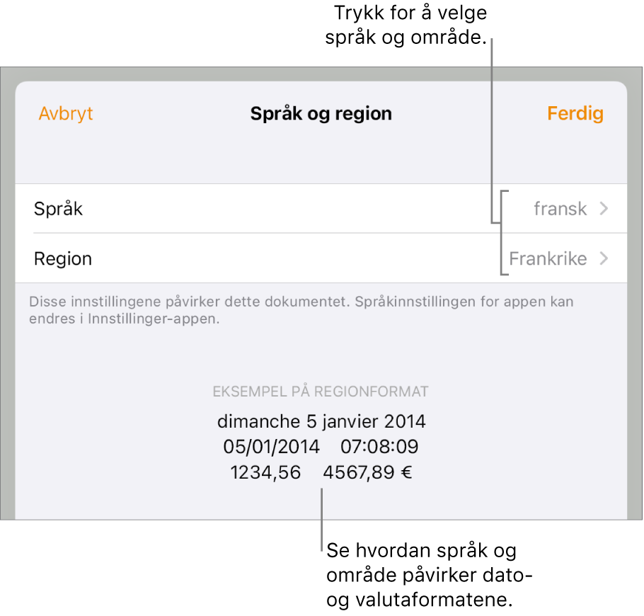 Språk og område-panelet med kontroller for språk og område, og et formateksempel med dato, klokkeslett, desimaler og valuta.