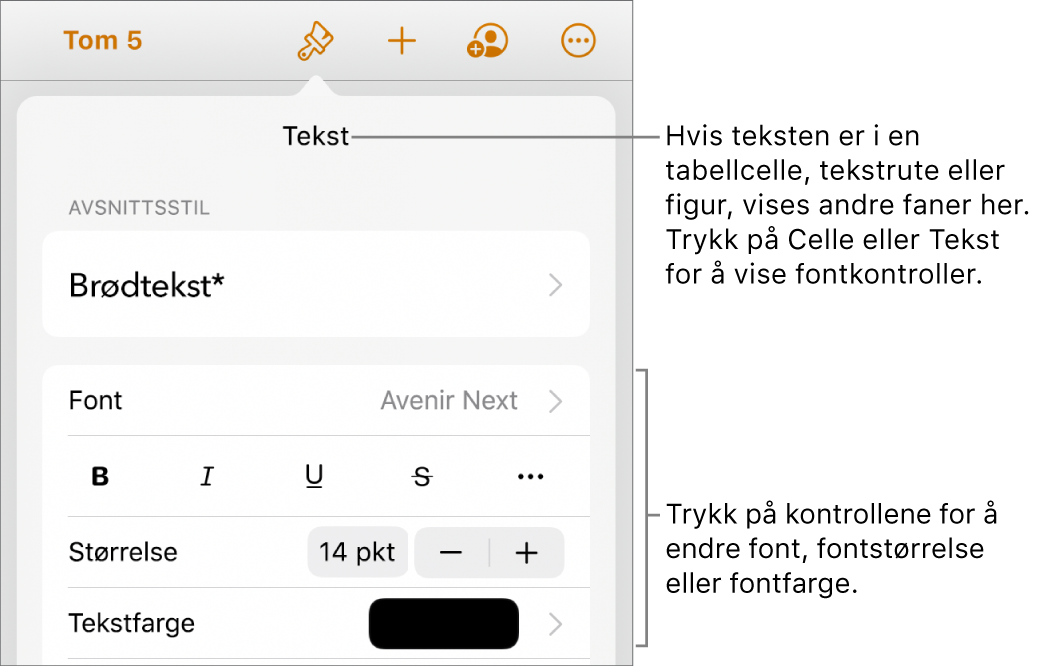 Tekstkontroller i Format-menyen for å angi avsnitts- og tegnstiler, font, størrelse og farge.