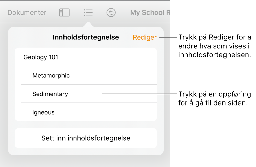 Innholdsfortegnelsesvisningen, med oppføringer i en liste. Rediger-knappen er øverst til høyre i visningen.