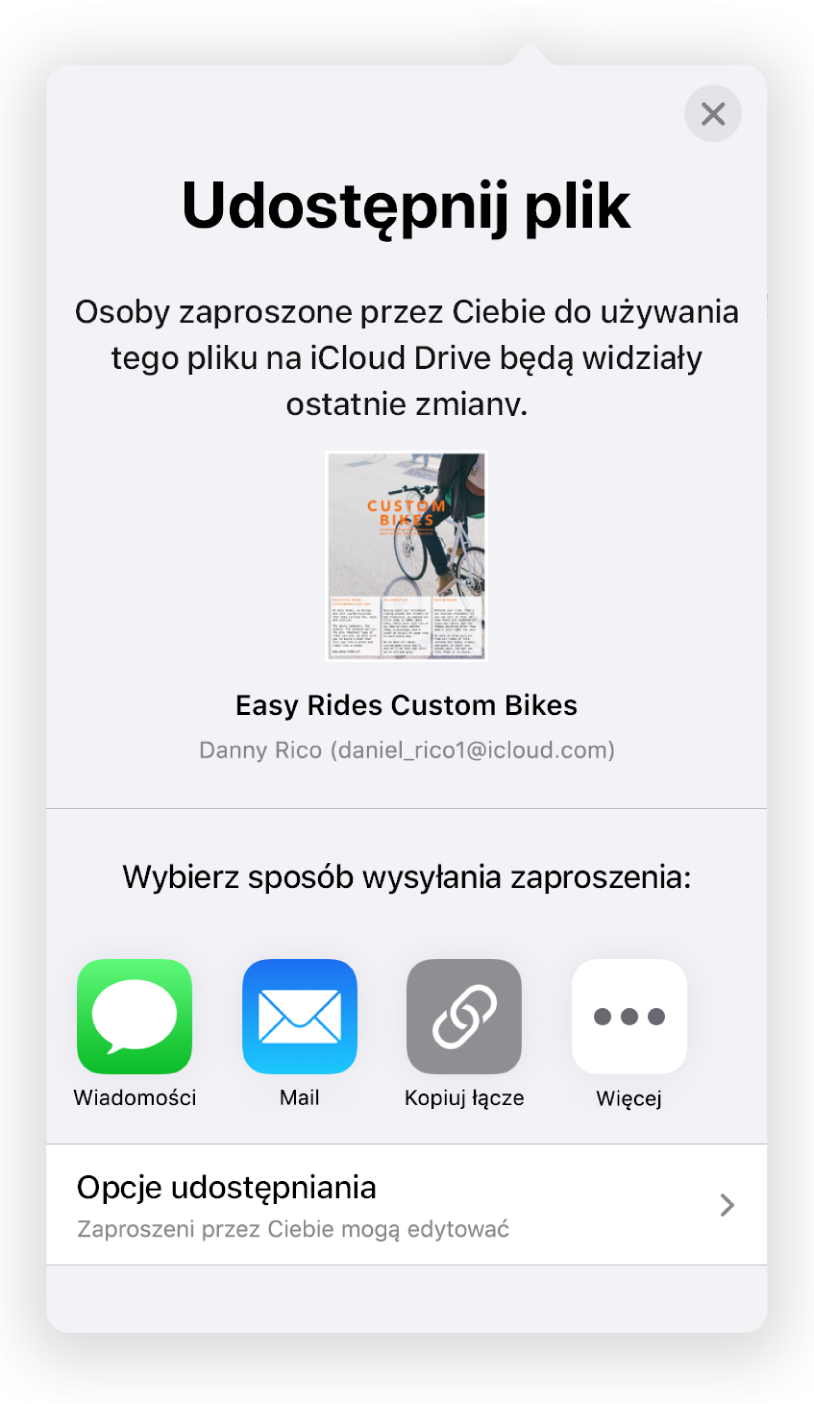 Ekran Dodaj osoby z obrazkiem udostępnianego dokumentu. Poniżej widoczne są przyciski różnych sposobów wysyłania zaproszenia, takie jak Mail, Kopiuj łącze oraz Więcej. Na dole znajduje się przycisk Opcje udostępniania.