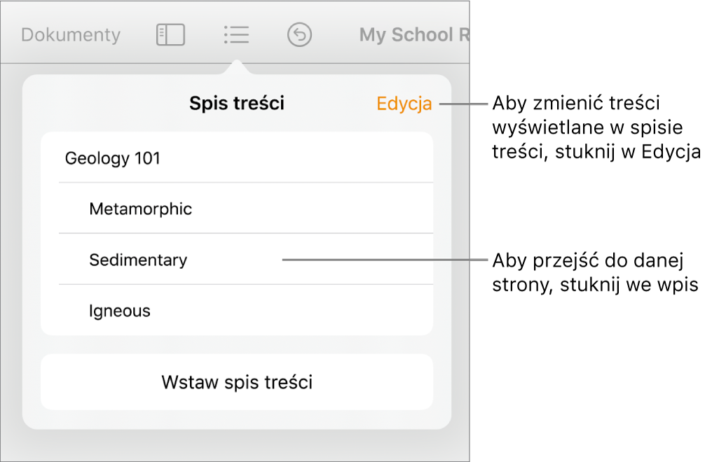 Widok spisu treści zawierający listę pozycji. W prawym górnym rogu okna widoczny jest przycisk Edycja.