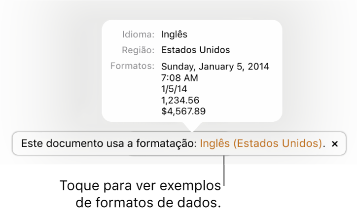 A notificação da configuração diferente de idioma e região, com exemplos de formatação no idioma e região diferentes.