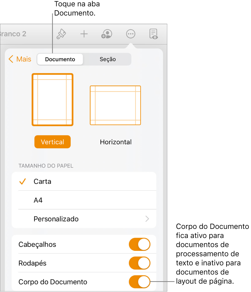 Controles de formatação Documento, com “Corpo do Documento” ativado próximo à parte inferior da tela.
