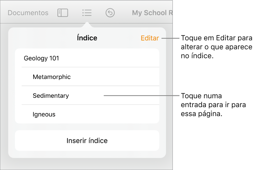 A vista de índice com entradas numa lista. O botão Editar encontra-se no canto superior direito da vista.