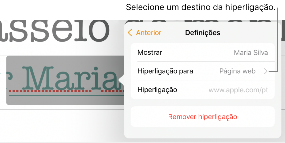 Os controlos de Definições, que contêm um campo Mostrar, Ligar a (definido para a página Web) e o campo Hiperligação. O botão Remover hiperligação encontra-se na parte inferior dos controlos.