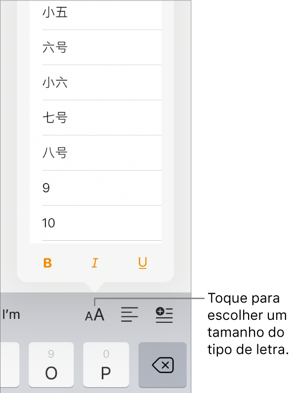 O botão “Tamanho do tipo de letra” do lado direito do teclado do iPad com o menu do tamanho do tipo de letra aberto. Os tamanhos do tipo de letra padrão do governo chinês aparecem na parte superior do menu com os tamanhos em pontos abaixo.