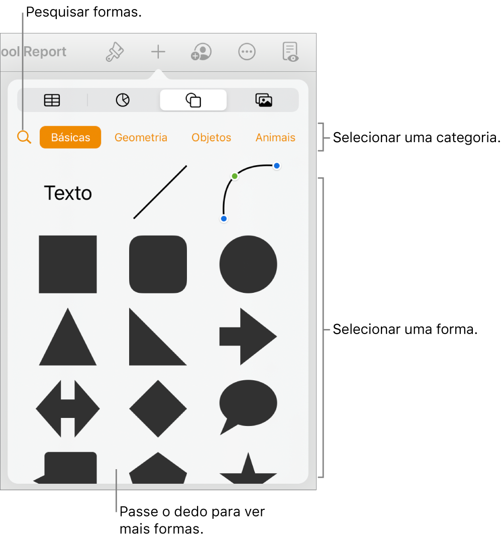 A biblioteca de formas, com as categorias exibidas na parte superior e as formas na parte inferior. É possível usar o botão de pesquisa na parte superior para encontrar formas e passar o dedo para ver mais.