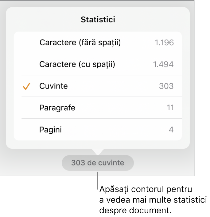 Contorul de cuvinte cu un meniu care prezintă opțiunile pentru a afișa numărul de caractere fără și cu spații, numărul de cuvinte, numărul de paragrafe și numărul de pagini.
