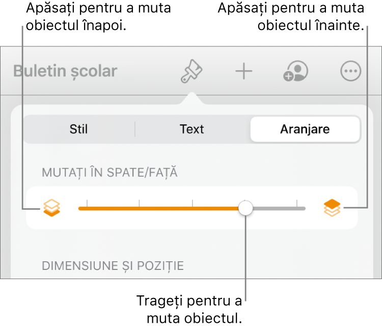 Butonul Deplasare înapoi, butonul Deplasare înainte și glisorul pentru straturi.