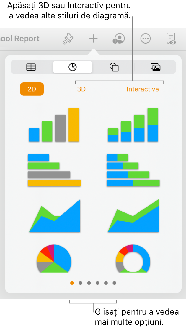 Meniul Adaugă diagramă afișând diagrame 2D.