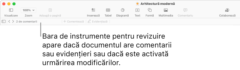 Bara de instrumente Pages în partea de sus a ecranului, cu butoanele de-a lungul părții de sus pentru Vizualizare, Zoom, Adaugă o pagină, Inserează, Tabel, Diagramă, Text, Formă, Multimedia și Comentariu. Sub bara de instrumente Pages se află bara de instrumente pentru revizuire cu butonul pentru ascunderea sau afișarea comentariilor, săgețile pentru saltul la comentariul anterior sau următor, numărul total de comentarii și butoanele pentru adăugarea unui comentariu sau pentru evidențiere.