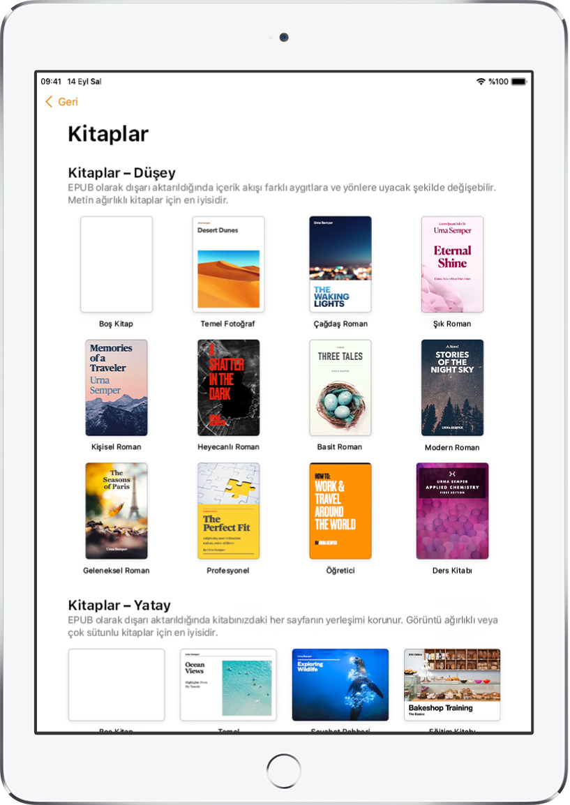 Üstte düşey yönde ve onun altında yatay yönde kitap şablonları ile şablon seçici.