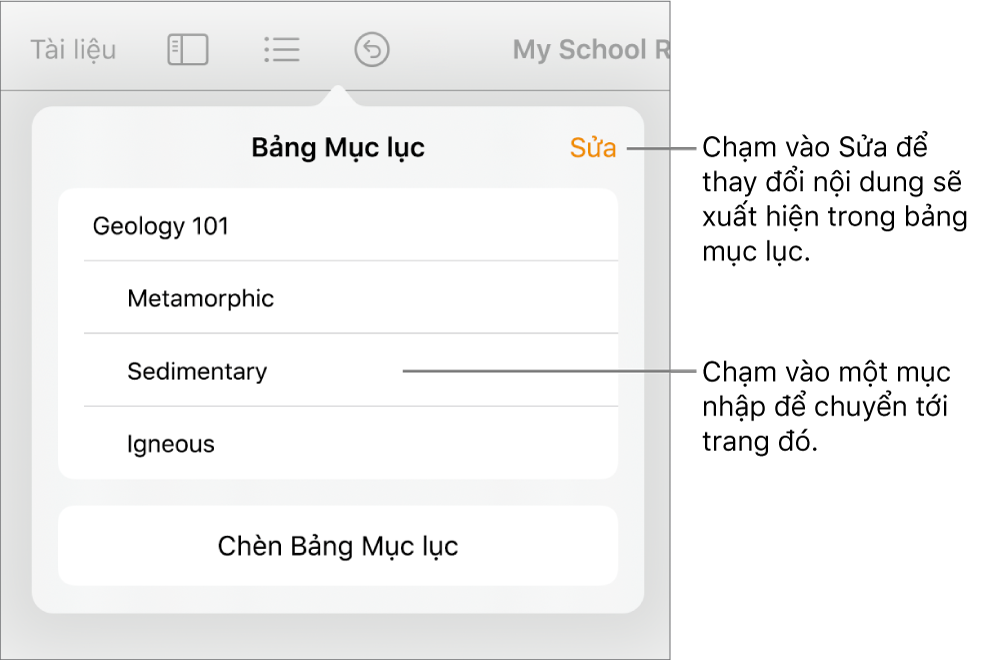 Chế độ xem bảng mục lục với các mục nhập trong danh sách. Nút Sửa ở góc trên cùng bên phải của chế độ xem.