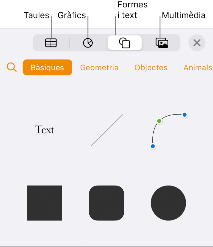 Els controls Inserir oberts amb botons per afegir taules, gràfics, text, formes i contingut multimèdia a la part superior.
