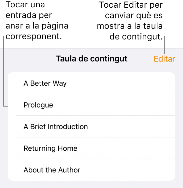 La vista de taula de contingut amb capçaleres en una llista. El botó Editar a l’angle superior dret i els botons “Miniatures de pàgina” i “Taula de contingut” a la part inferior.