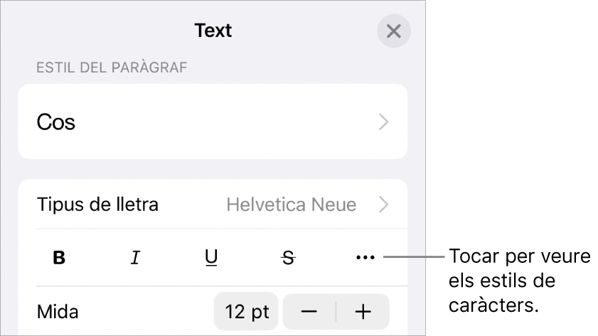 Els controls de Format amb els botons Negreta, Cursiva, Subratllat, Ratllat i “Més opcions de text”.