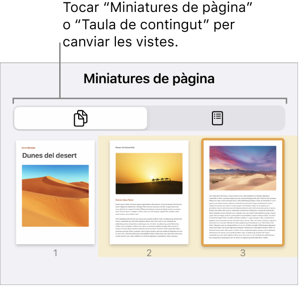 Vista “Miniatures de pàgina” amb imatges de les miniatures de cada pàgina. Els botons “Miniatures de pàgina” i “Taula de contingut” a la part inferior de la pantalla.