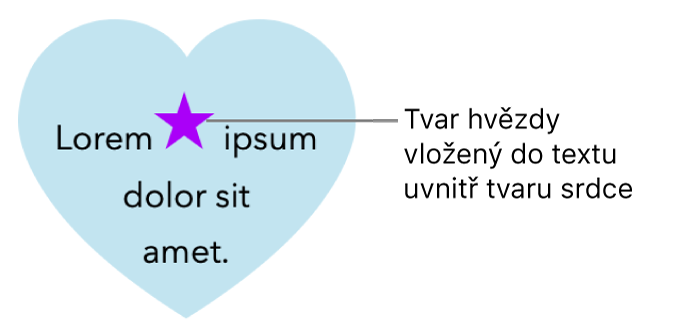 Hvězdicový tvar vložený do textu uvnitř srdcovitého tvaru