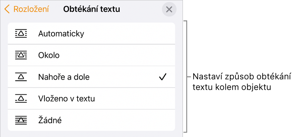 Ovládací prvky Obtékání textu s položkami Automaticky, Okolo, Nahoře a dole, Vložené v textu a Žádné