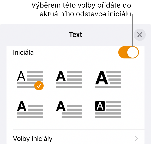 Ovládací prvky pro volbu Iniciála dole v nabídce Text