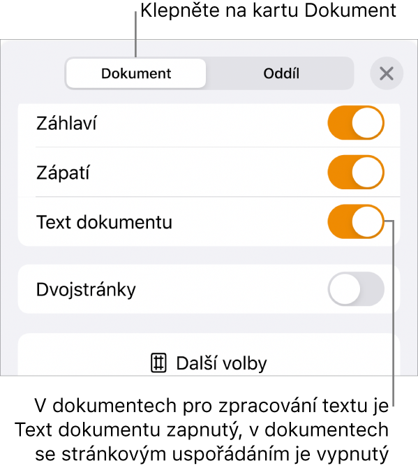 Ovládací prvky formátování se zapnutou volbou Text dokumentu u dolního okraje obrazovky
