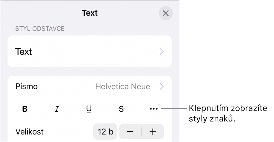 Ovládací prvky formátování, obsahující tlačítka Tučné, Kurzíva, Podtržené, Přeškrtnuté a Další textové volby