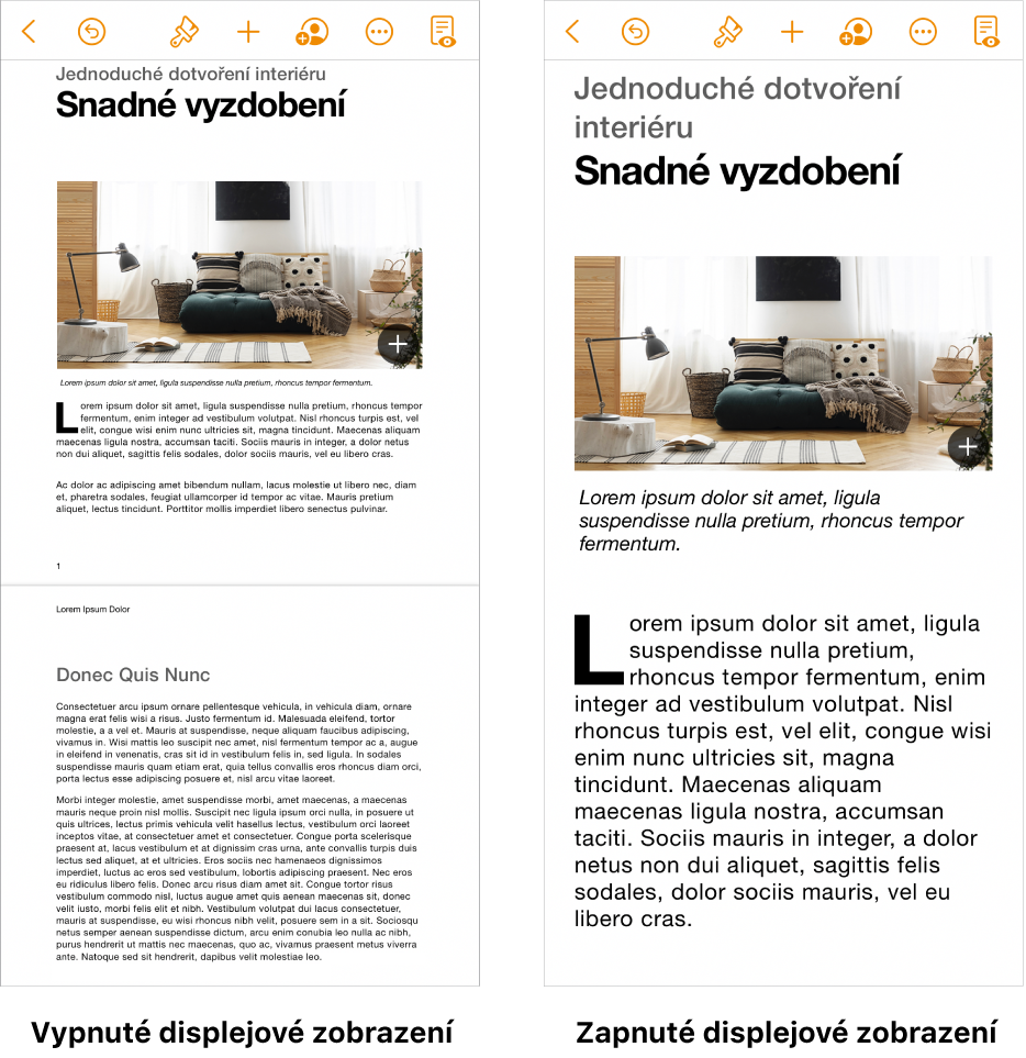 Dvě různá zobrazení stejného dokumentu Pages – jedno se zapnutým displejovým zobrazením a druhé s touto funkcí vypnutou
