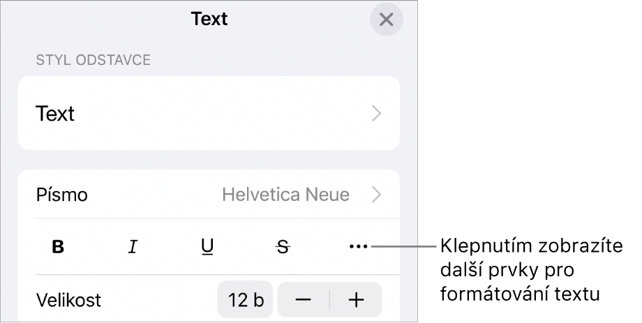Panel Text v ovládacích prvcích formátování; popiskem je označeno tlačítko Další textové volby