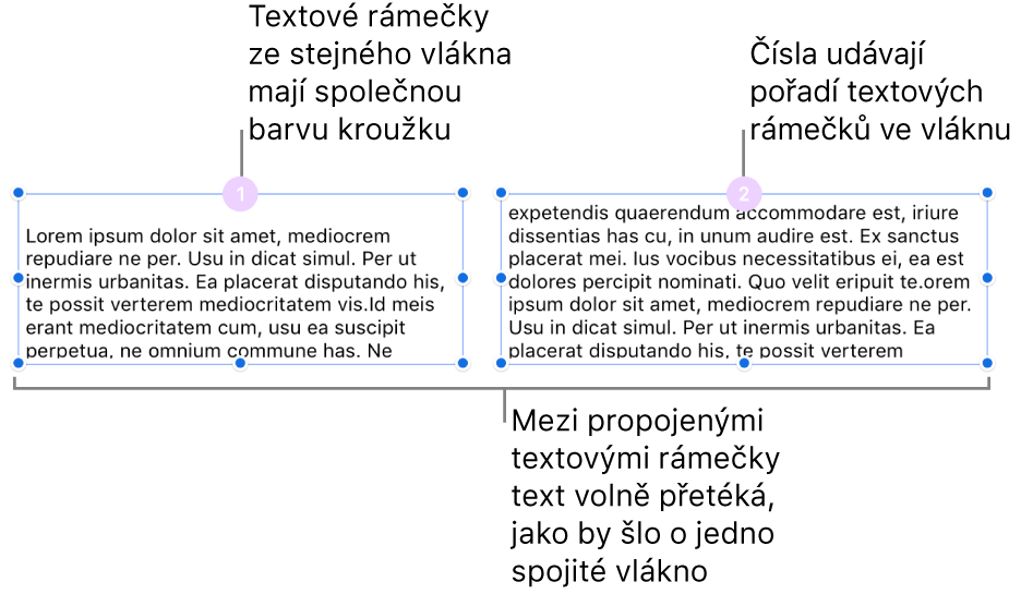 Dva textové rámečky s fialovými kroužky v horní části a čísly 1 a 2 v kroužcích