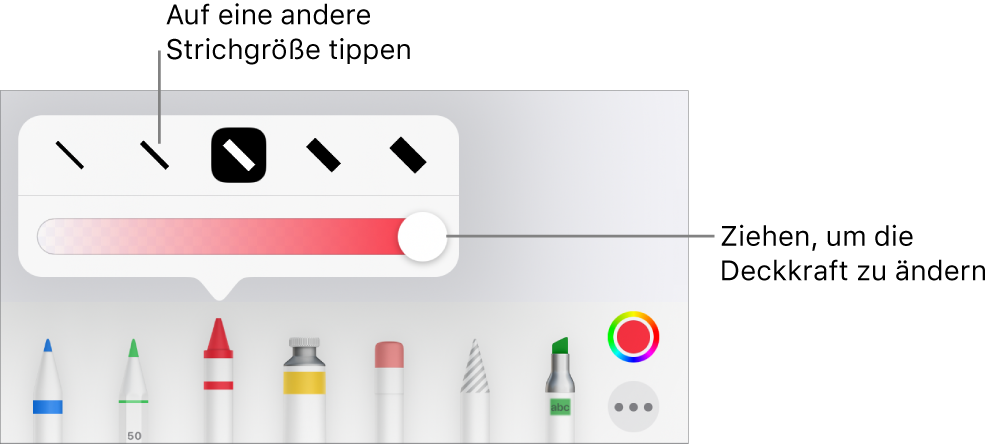 Steuerelemente zum Auswählen einer Strichstärke und ein Schieberegler zum Anpassen der Deckkraft